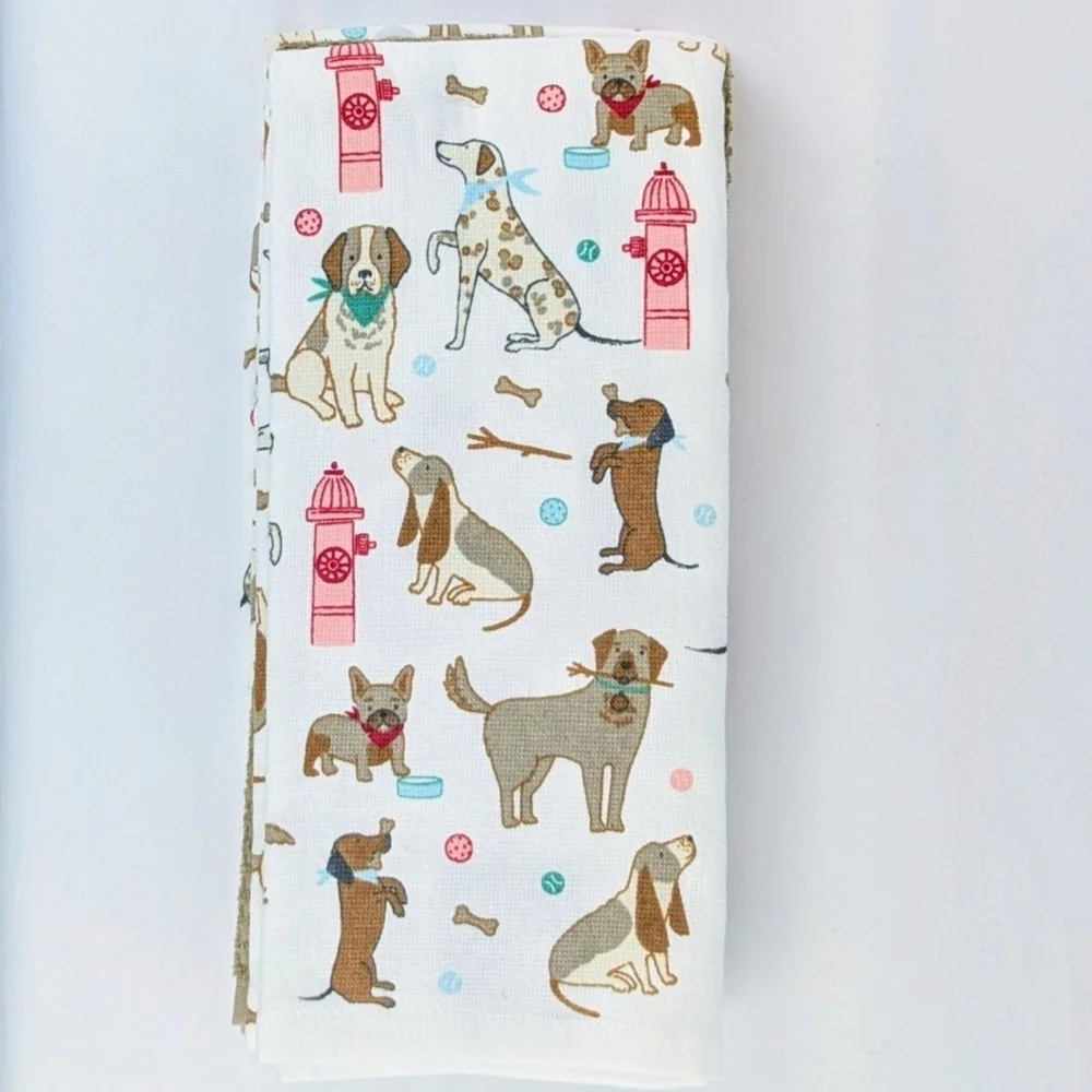 Kitchen Towels Set Of 3 Dogs Fire Hydrants Bones Sticks Balls White Brown NWT